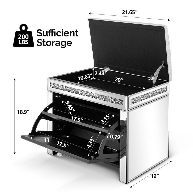 Pre-Assembled Mirrored Shoe Storage Bench with Flip Drawer Silver