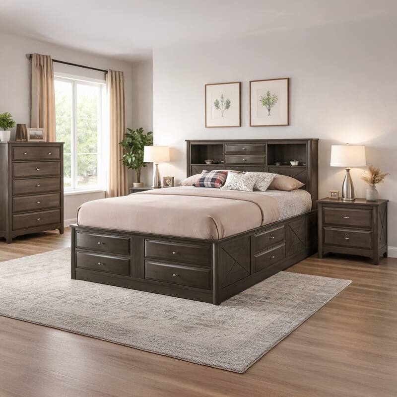 Panel Design Eastern King Size Bed with Bookcase and Drawers, Taupe Brown