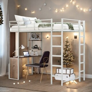 Modern Twin Metal Loft Bed with 2 Shelves, 2 built-in ladders and Desk, Sturdy Construction & Safety Guaranteed, Silver