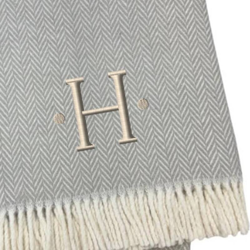 55" X 70" Gray And White Herringbone Cotton Blend A Initial Throw Blanket with Tassels And Embroidery