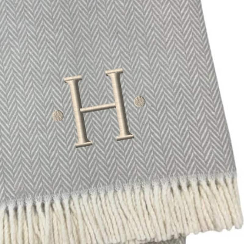 HomeRoots 55" X 70" Gray And White Herringbone Cotton Blend H Initial Throw Blanket with Tassels And Embroidery