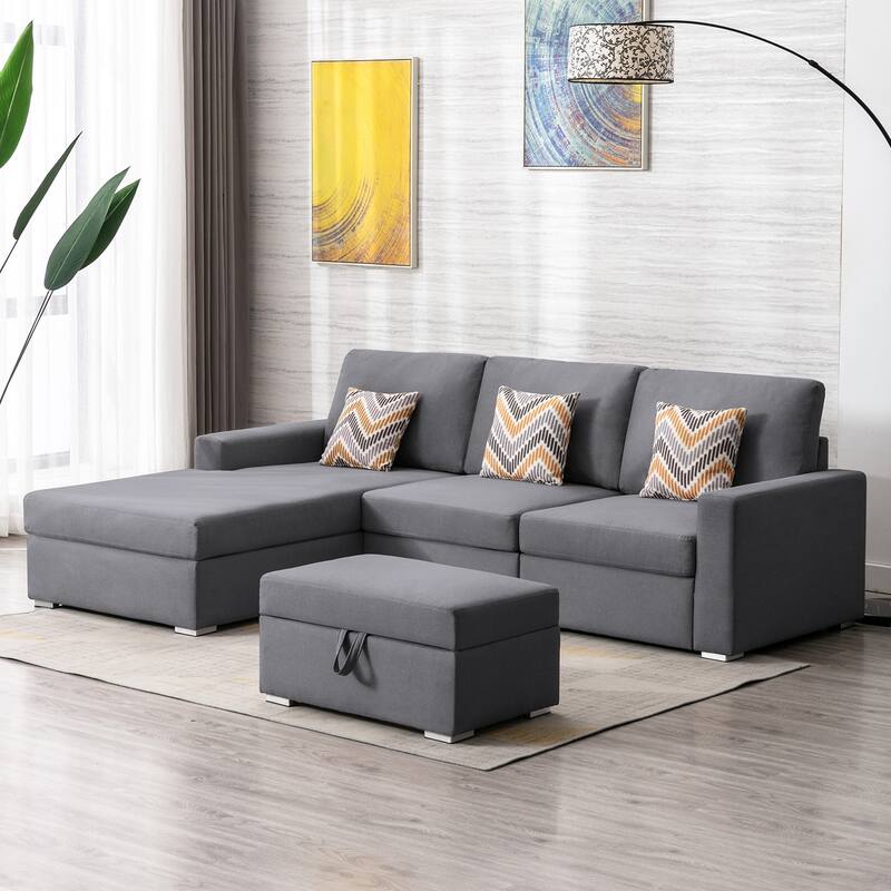 Linen Fabric 4 Piece Reversible Sofa Chaise with Interchangeable Legs and Storage Ottoman in Grey