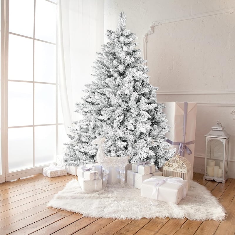 Suncrown 6ft/7ft Artificial Snow Flocked Christmas Tree with Metal Stable Stand Base for Indoor and Outdoor Holiday Decoration