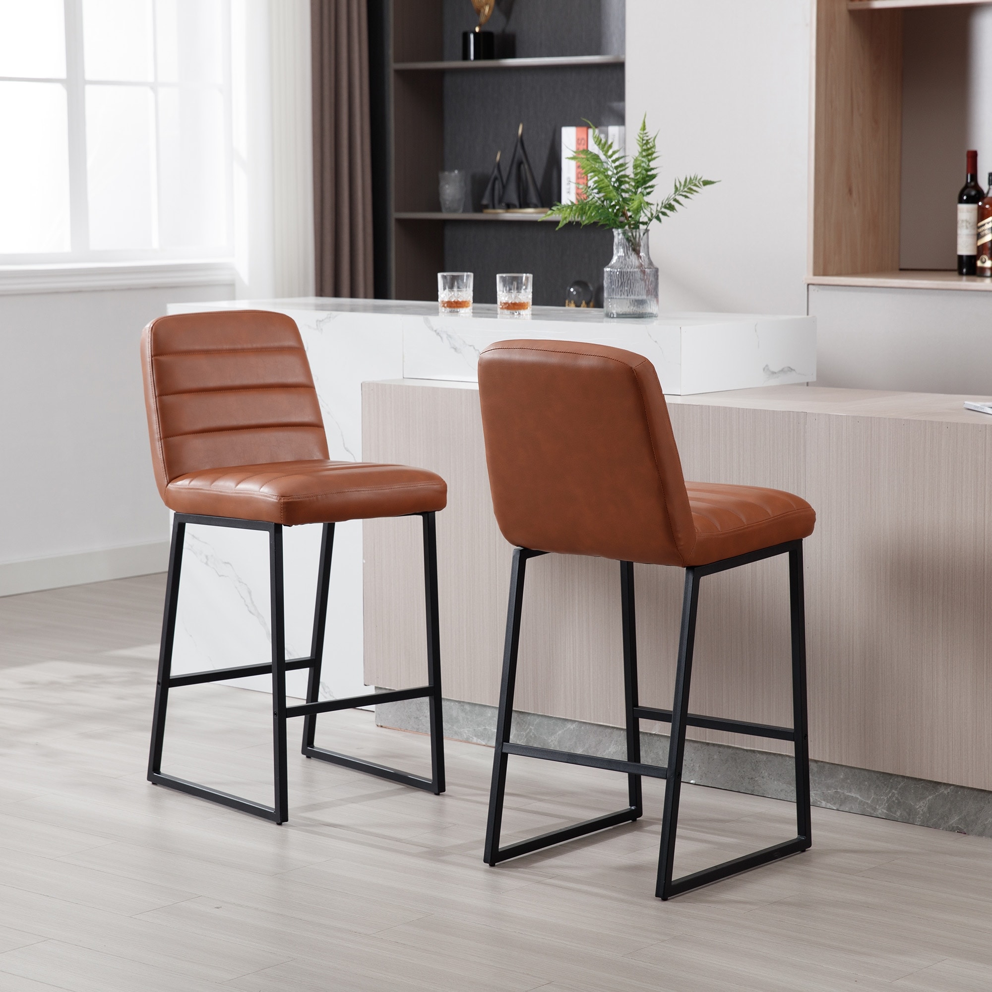 Upholstered Kitchen Breakfast Bar Stools Set of 2 Brown