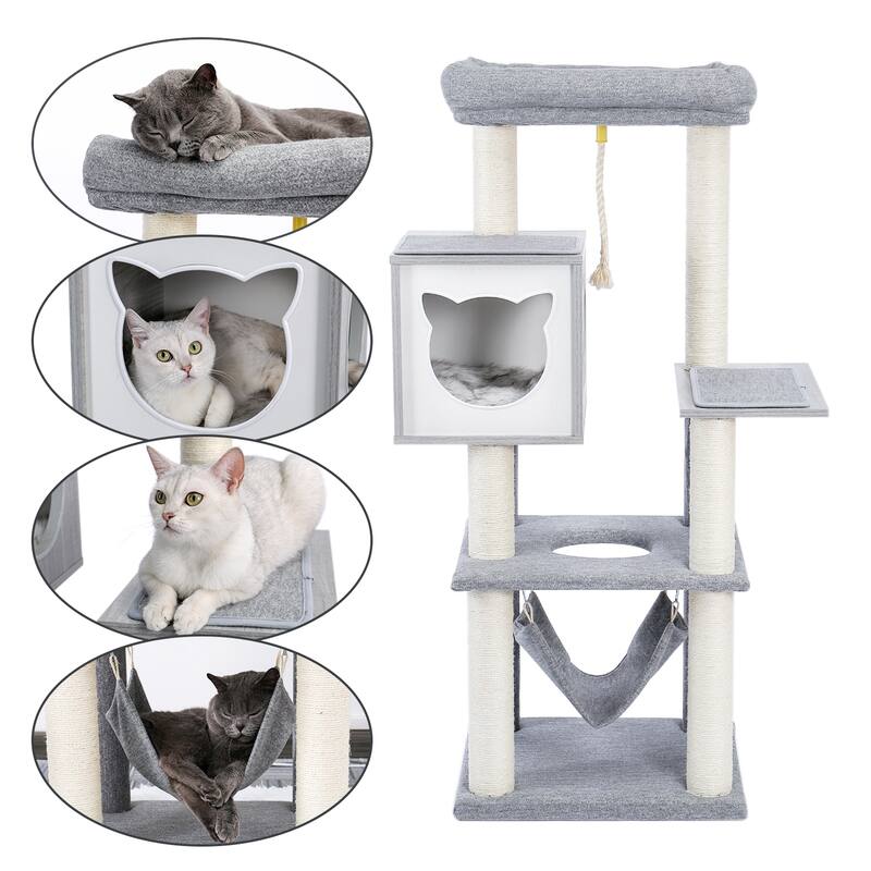 Cat Tree Multi-Level Modern Wooden Cat Tower with Hammock and Scratching Posts and Cat Condo