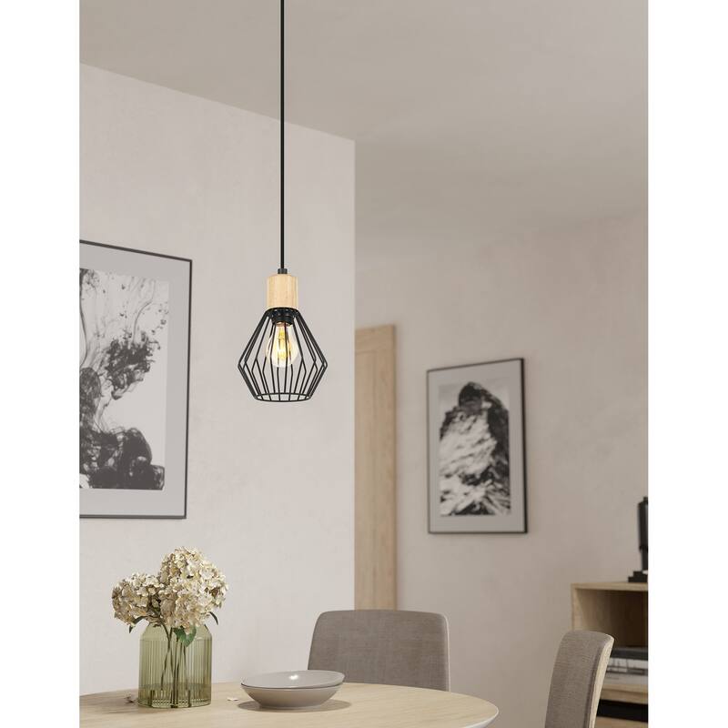 Palmorla - 1-Light Pendant - Black Finish with Wood Accent - 6.25"L X 6.25"W X 6.30"H - 6.25"L X 6.25"W X 6.30"H - Black, Natural Wood