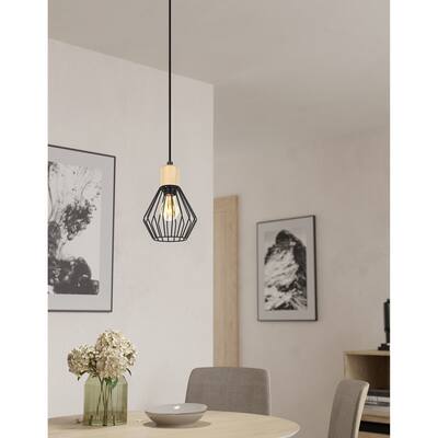 Palmorla - 1-Light Pendant - Black Finish with Wood Accent - 6.25"L X 6.25"W X 6.30"H