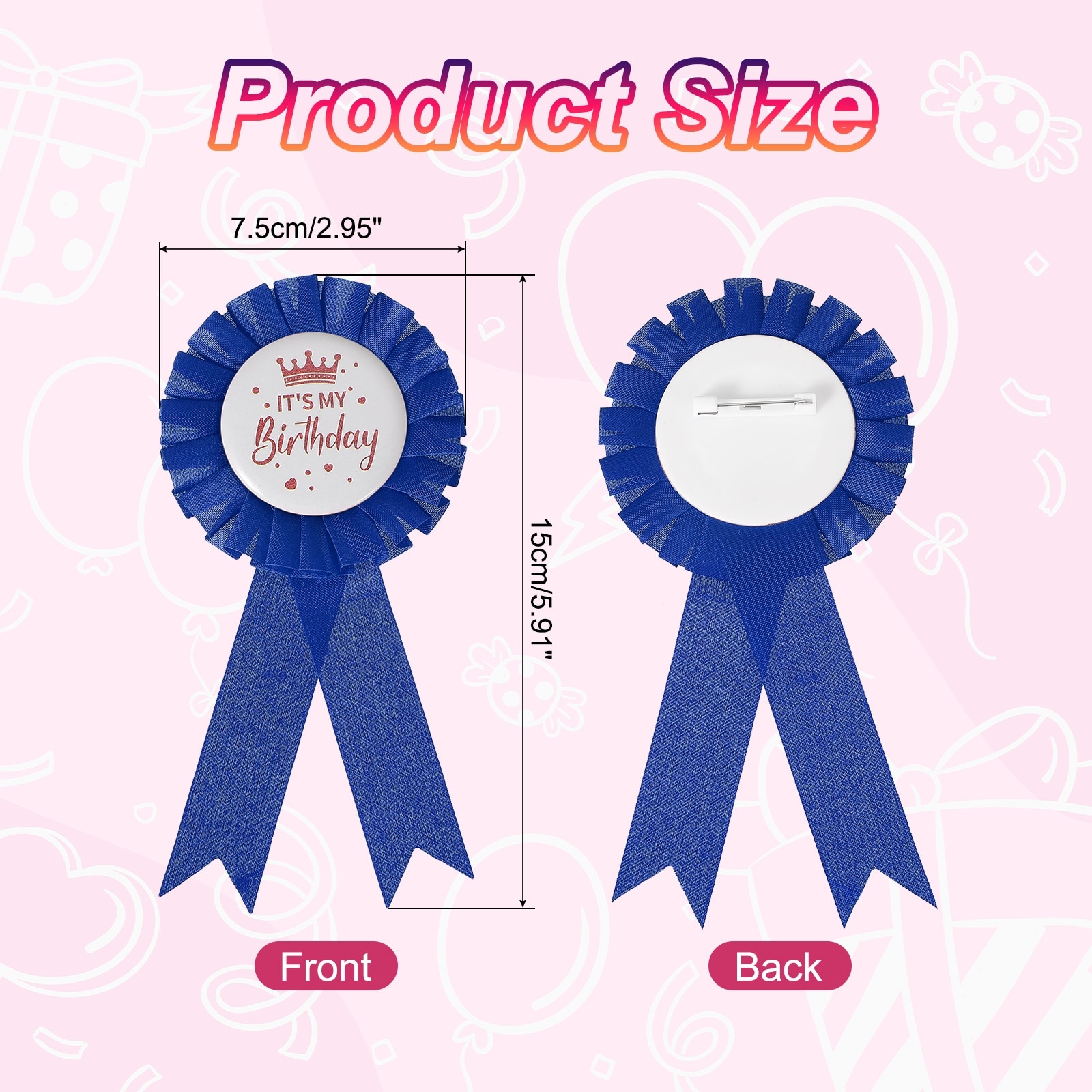 Birthday Ribbon, It's My Birthday Pin Fabric Tinplate Badge Brooch for Party Decoration Celebration Accessory - 6" x 3"