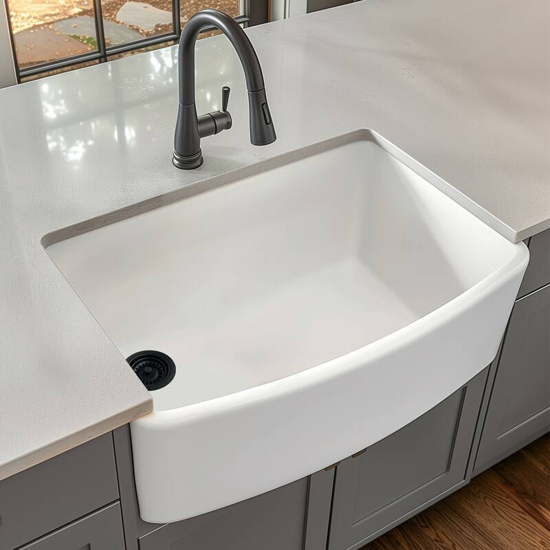 Austen Crisp White Fireclay 33" Farmhouse Apron Front Bow Front Single Bowl Kitchen Sink with Grid and Drain