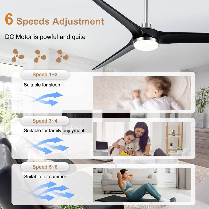 Bella Depot 72" Nickel 3-Blade Large Ceiling Fan with LED Light