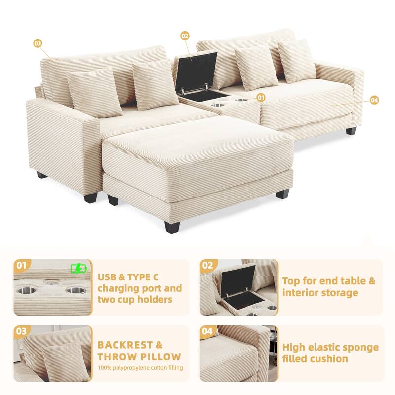 Oversized Corduroy Upholstered Sofa with a Removable Ottoman & 4 Pillows