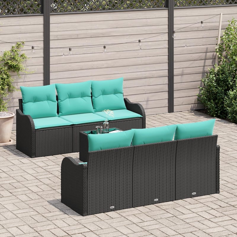 vidaXL 7 Garden Sofa Set with Cushions Black/Brown/Grey Poly Rattan - 69.3 x 24.4 x 27.2