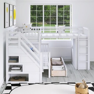 Wood Twin-Twin over Full L-Shaped Bunk Bed With 3 Drawers