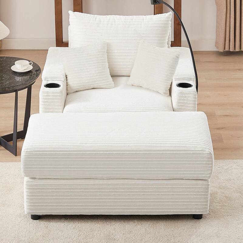 Modern Single Sofa with Movable Ottoman, Hidden Storage, USB Ports, Cup Holders and Phone Holder for Living Room