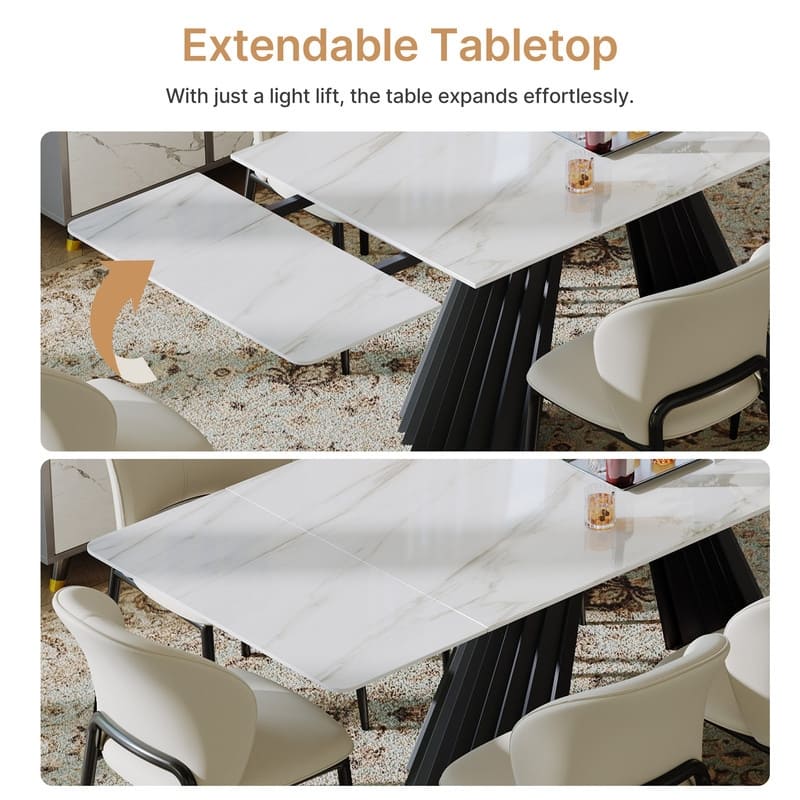 63-95" Extendable Rectangular Sintered Stone Double Pedestal Dining Table Seats 6-10