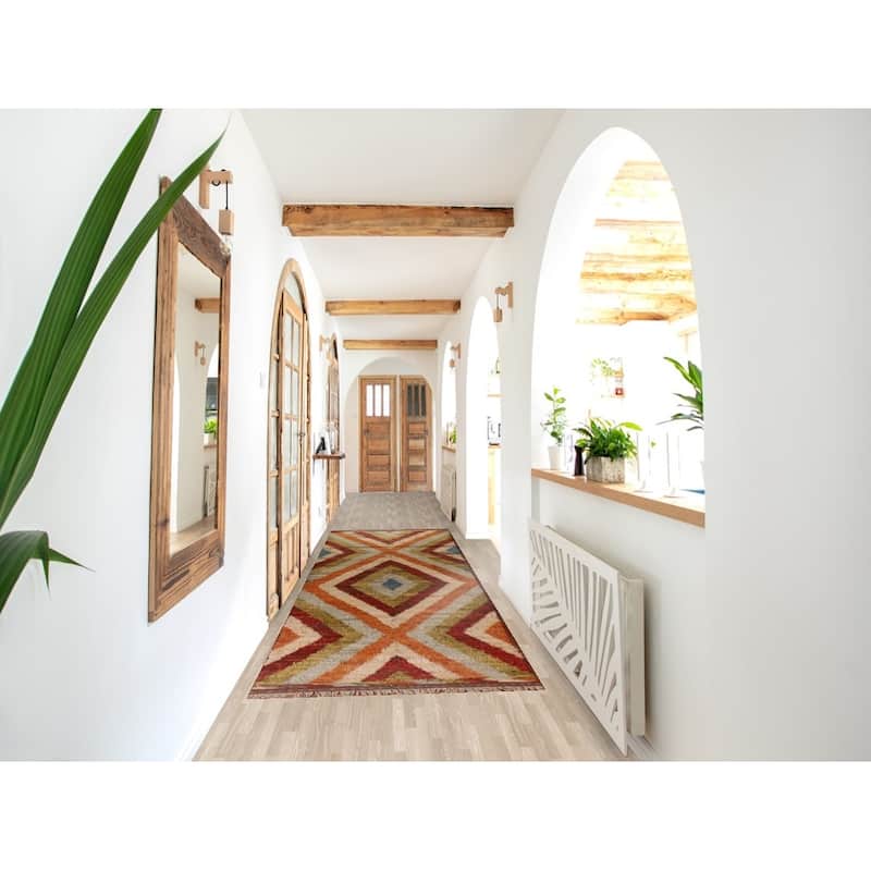 Hand Knotted Oriental 100% Wool Carpet Modern Geometric Multi-Colored Moroccan Runner Rug - 13' 3'' X 3' 2''