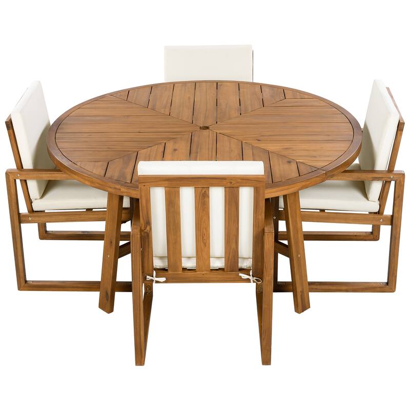 Roomfitters 5 Pcs Acacia Wood Outdoor Dining Set with Table & 4 Armchairs for Patio, Garden or Balcony, Beige