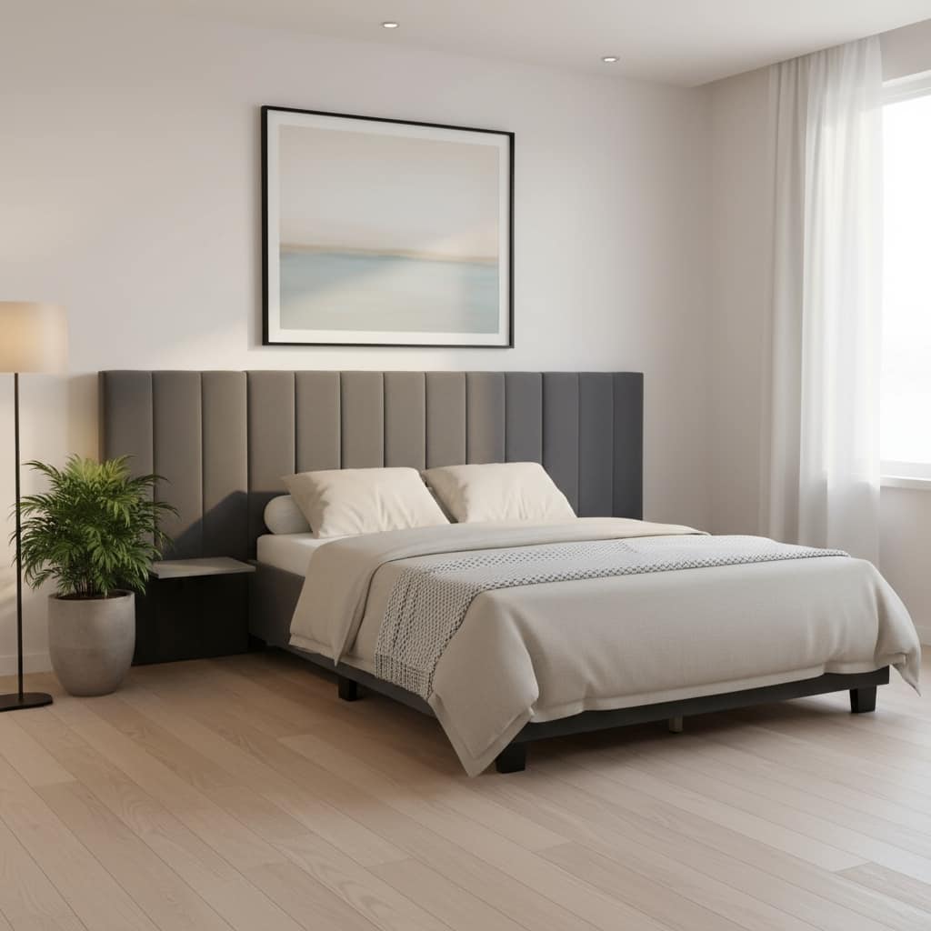 HomeRoots Dark Gray Tufted Velvet Upholstered Lighted Full Bed Frame