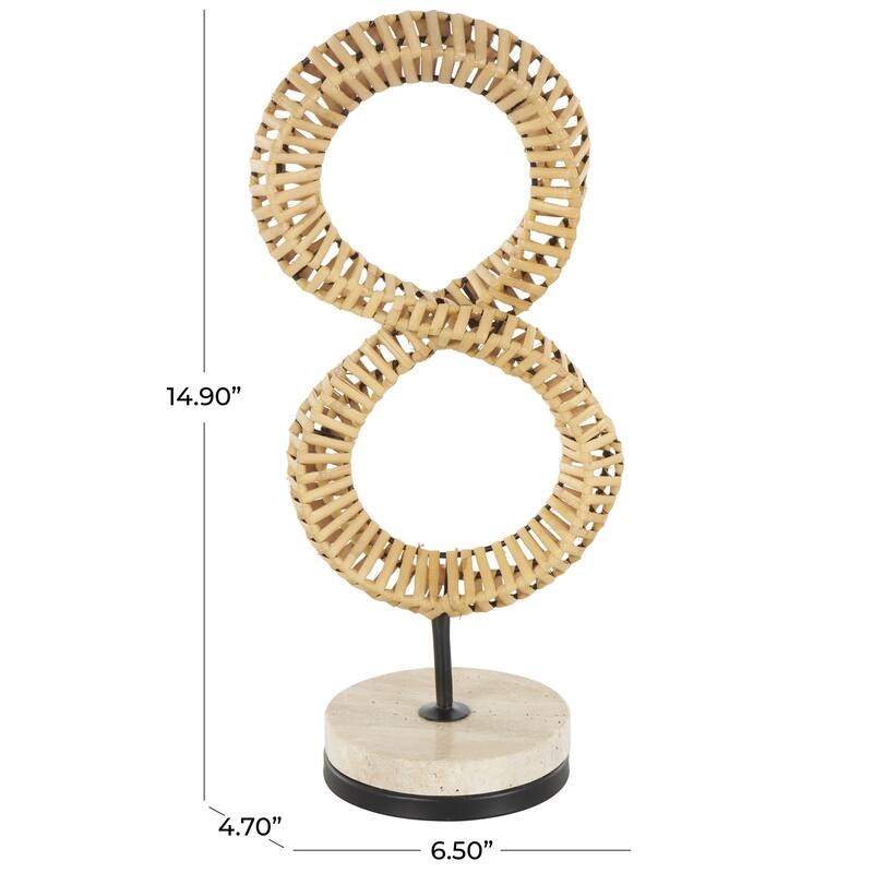 Brown Rattan Handmade Infinity Shaped Abstract Decorative Sculpture with White Marble Base