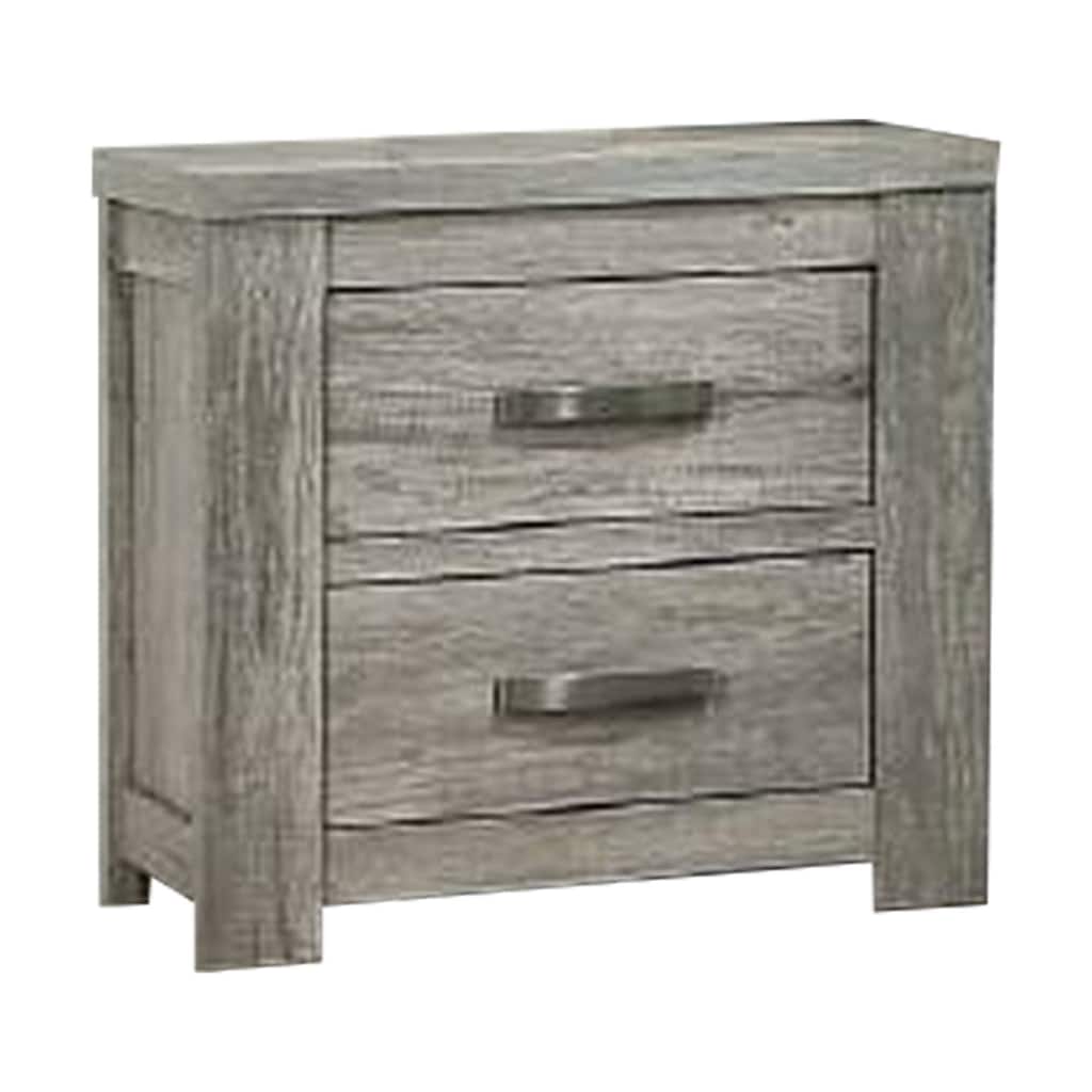 Wooden Nightstand with Two Drawers and Metal Bar Handles, Grey