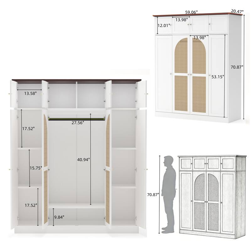70.87" Large Armoire Wardrobe with 8 Rattan Doors - Adjustable Shelves & Hanging Rod for Bedroom, Walk-In Closet