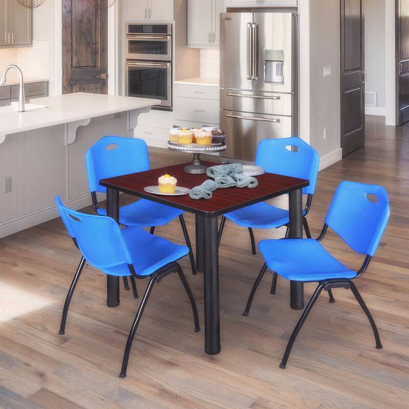30 in. Square Breakroom Table- Mahogany/ Black & 4 'M' Stack Chairs- Blue