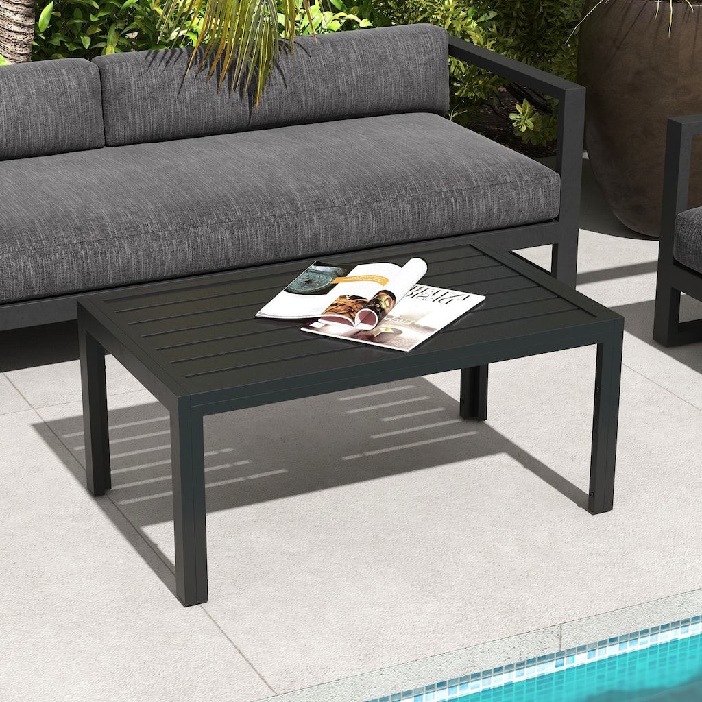 Outsunny Patio Coffee Table, Rectangle Outdoor Side Table with Steel Frame and Slat Tabletop for Garden