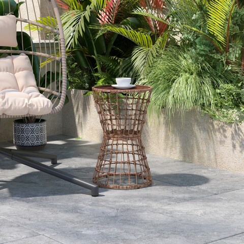 Indoor/Outdoor Boho Rattan Rope Table with Acacia Wood Top - 15.75"W x 15.75"D x 25"H