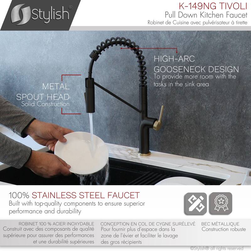 STYLISH Stainless Steel Single Handle Pull Down Sprayer Kitchen Faucet - Faucet Height: 16 3/4" | Spout Height: 7 1/2"