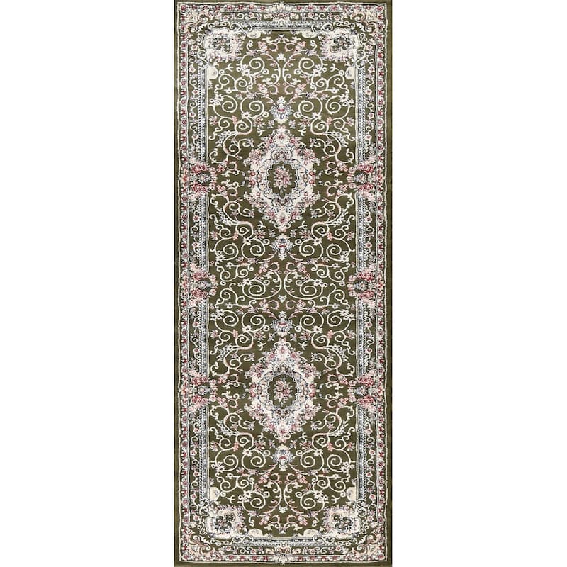 Green Floral Medallion Transitional Turkish Rug Oriental Carpet - 2'7" x 7'10" - Green