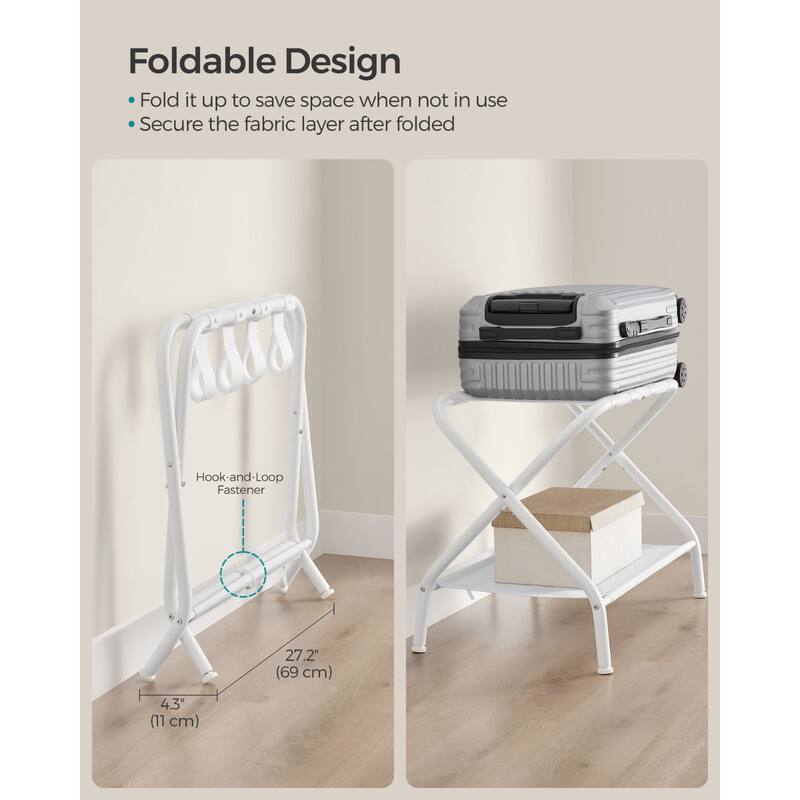 Steel Luggage Rack with Foldable Frame, Straps, and Storage Shelf