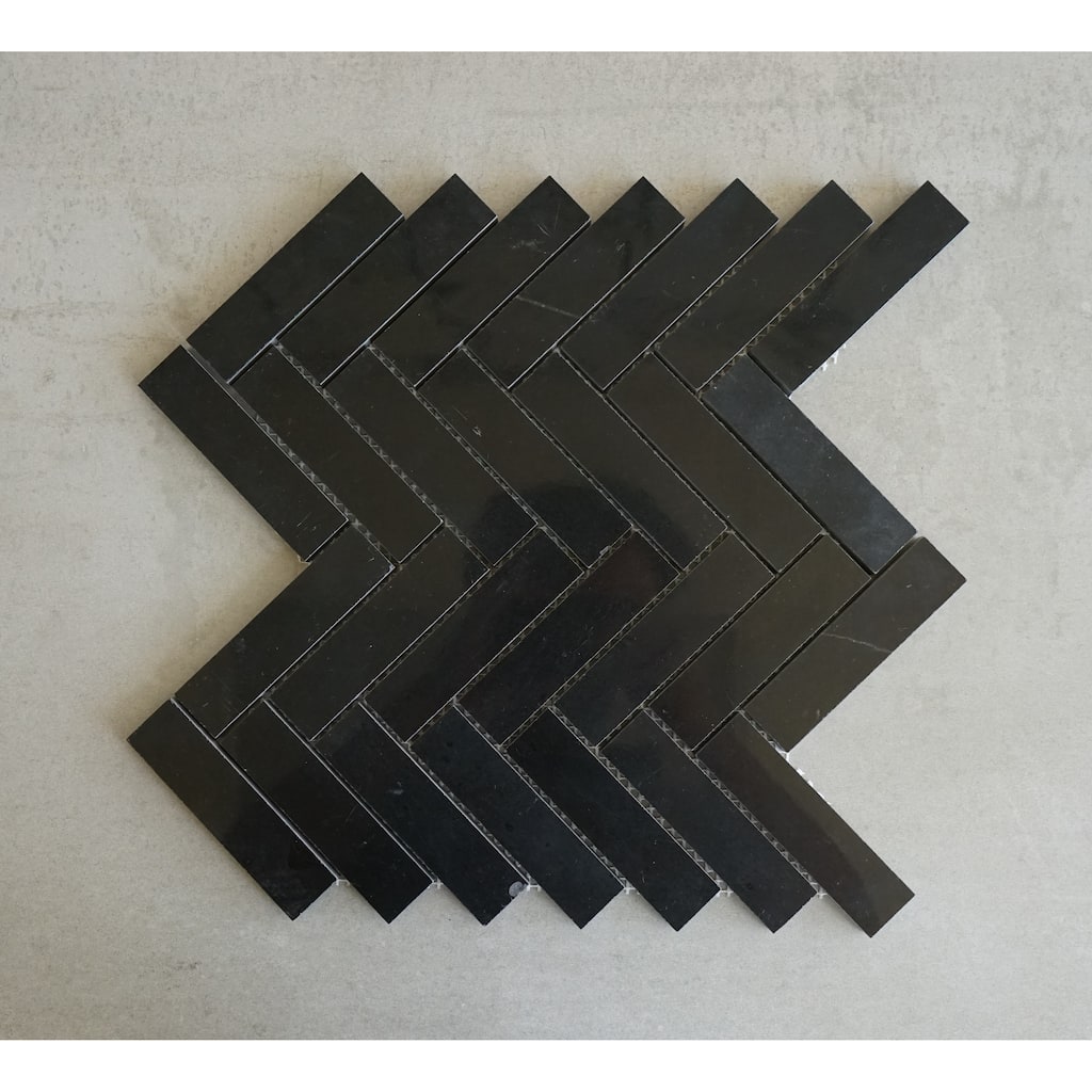 Nero marquina 1 x 4 Marble Harringbone Wall and Floor Mosaic - Case (10 Sheets)