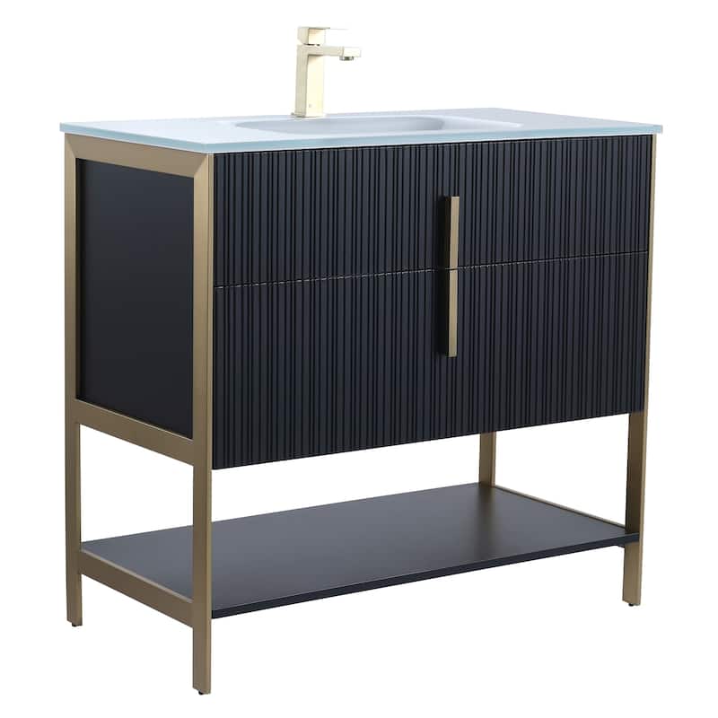 Fine Fixtures Serenity Modern Bathroom Vanity with White Glass Top - Black Matte - Brass Hardware - 36 inch