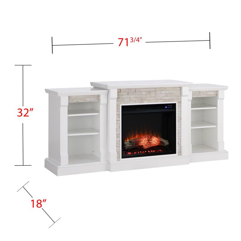 SEI Furniture Remote Controlled LED Electric Fireplace with Mantel in White Stone and Storage