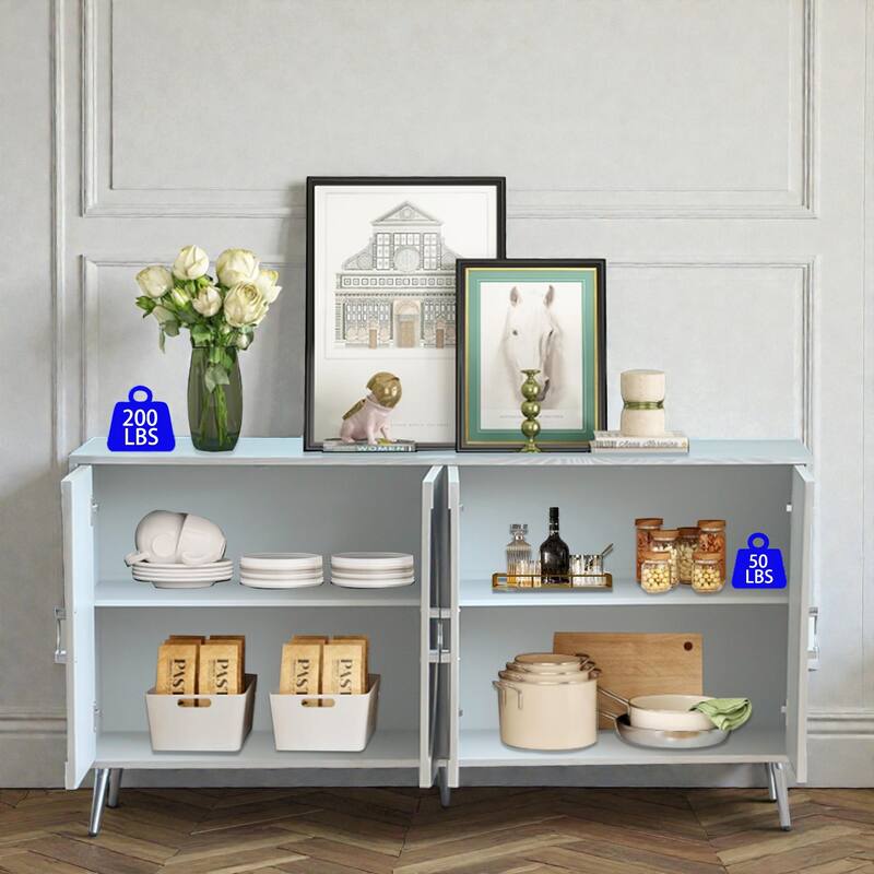 Modern Champagne Silver Lacquered 4-Door Sideboard Buffet with Adjustable Shelves, Engineered Wood Storage Cabinet