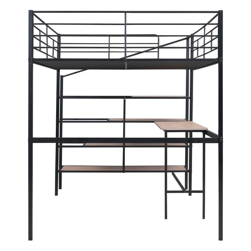 Full Metal Loft Bed with Desk and 4-Layer Storage Ladder, Perfect for Work and Study Spaces