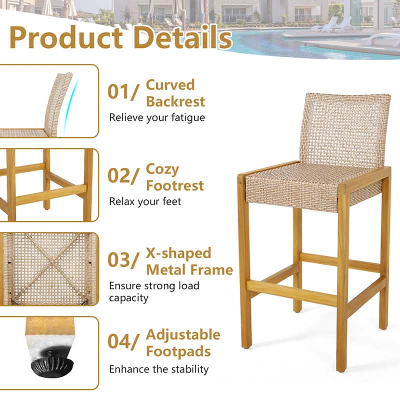Set of 2/4 Patio Wood Barstools Rattan Bar Height Chairs w/ Backrest