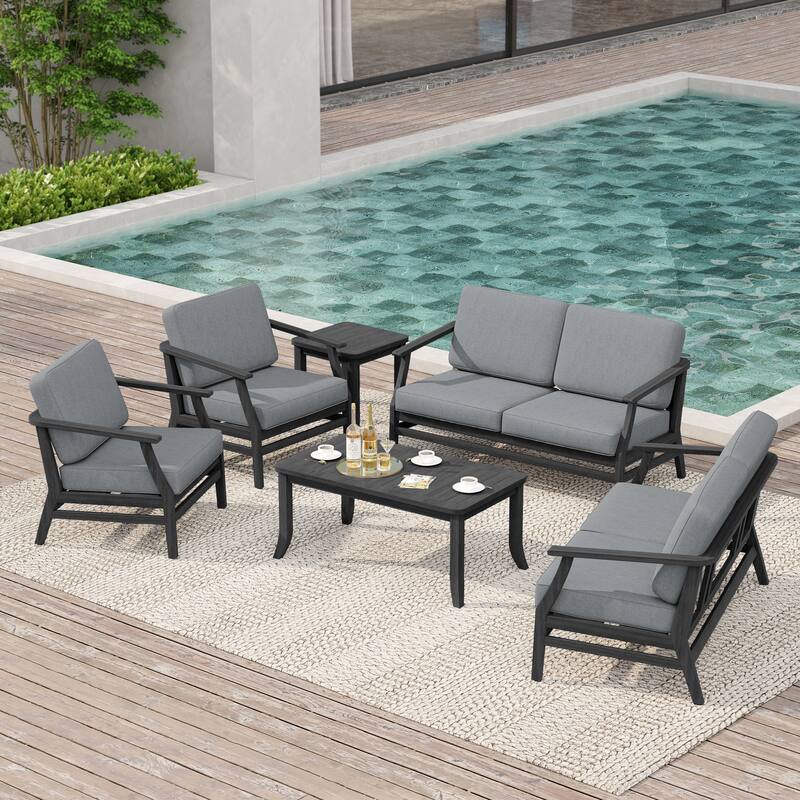 Large Outdoor Conversation Set with Patio Chairs, Loveseat, Tables - Dark Wood - Grey
