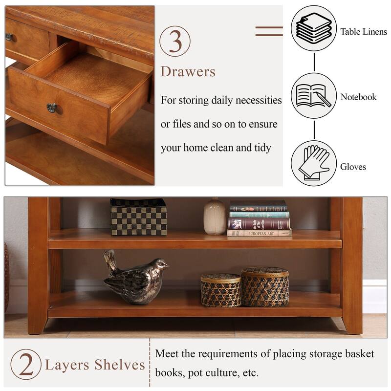 48'' Solid Pine Wood Top Console Table, Modern Entryway Sofa Side Table with 3 Storage