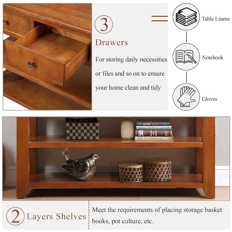 48 Inch Solid Pine Wood Console Table with 3 Drawers & 2 Shelves, Vintage Entryway Sofa Table for Hallway & Living Room