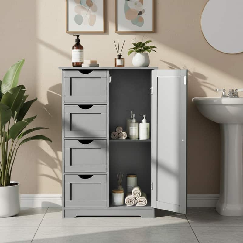 Black Bathroom Storage Cabinet with 4 Drawers and 1 Door