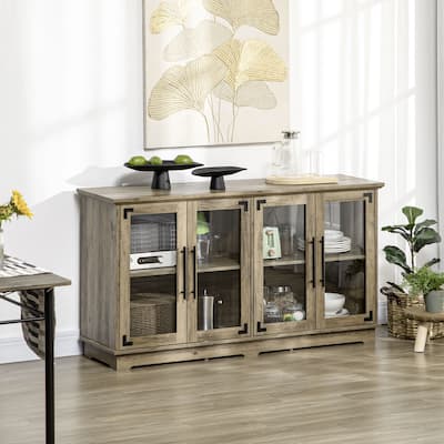HOMCOM Farmhouse Buffet Cabinet with Glass Doors, Kitchen Sideboard, Coffee Bar for Living Room, Dining Room, Distressed Grey