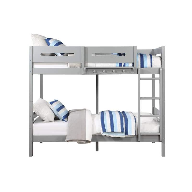 Wooden Twin over Twin Bunk Bed with Ladder in Gray Finish