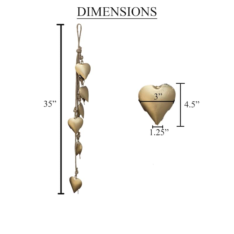 Zema 6 Heart Shape Iron Bells on 35 Inch Jute Hanging Rope, Antique Gold Wall Decor