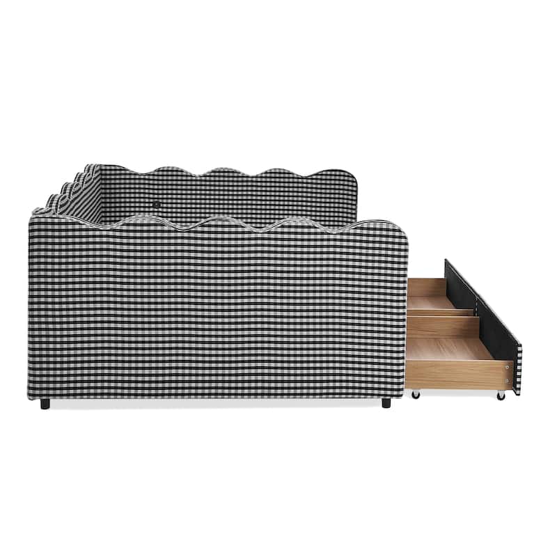 Full/Queen Gingham Daybed with 2 Storage Drawers, USB Port & Wave Shaped Linen Fabric