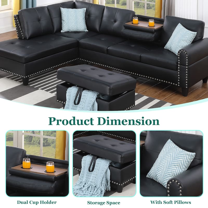 HOMEFUN Linen/Leather Upholstered L-Shaped 4-seater Multifunctional Sectional Sofa with Storage Ottoman,Cup Holder