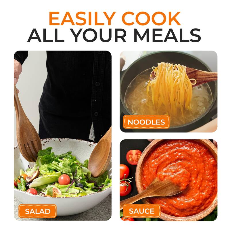 Cheer Collection Teak Wood Salad Spoon and Fork Set with Smooth Finish and Hanging Loop