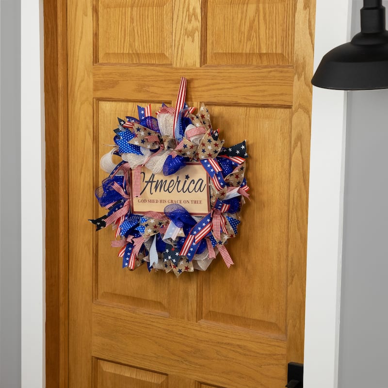 Stars and Stripes "America, God Shed His Grace on Thee" Patriotic Bow Wreath - 18"
