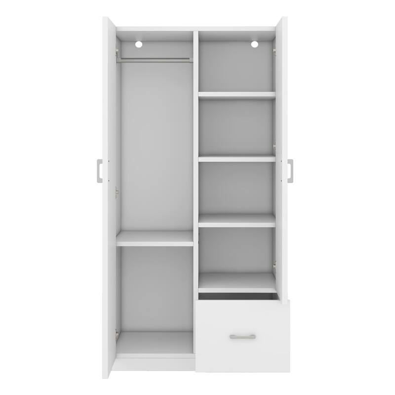 Wooden Floor Wardrobe with Double Doors, Modern Armoire with 5 Fixed Shelves, Storage Drawer Built-in Hanging Rod for Bedroom