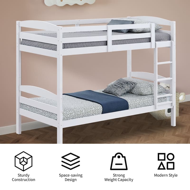 Modern White Solid Wood Twin Over Twin Bunk Bed with Ladder